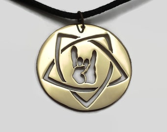 Devil Horns Pentagram Pendant Necklace on Black Cord Choker - Heavy Metal Jewelry in Brass, Copper or Stainless Steel