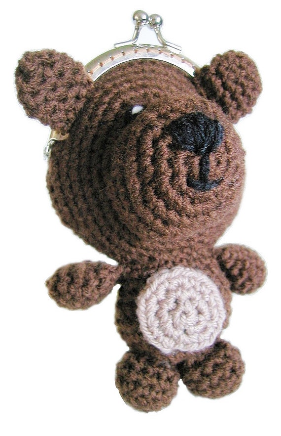 Handmade bear crochet coin purse with metal clasp kids animal