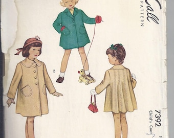 McCalls 7392 from 1940's Vintage Sewing Pattern, Child's Coat: Notched lapel or round collar. Breast 23 UNCUT