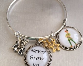Peter Pan bracelet,Never grow up peter pan inspired cabochon Bracelet, Tinker Bell bangle bracelet adjustable bracelet,peter pan jewelry