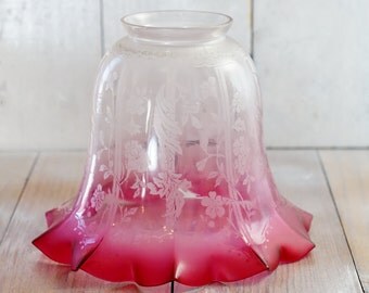 Victorian Cranberry Ruby Glass Oil Lamp Shade with Etched Flowers - Tulip shaped ruffled pleated antique 2 1/4" Fitter GORGEOUS lamp shade
