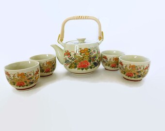 Vintage Japanese Tea Set Oriental Tea Set Japanese Porcelain Ceramic Collectible Kutani Japanese Tea Pot Oriental Collectibles Gilded Bird