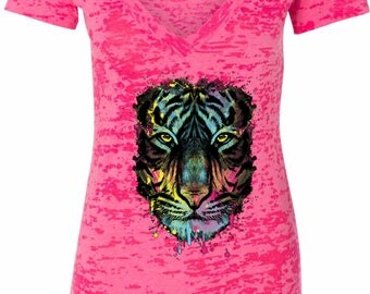 Ladies Dripping Neon Tiger Burnout V-Neck Shirt 19951NBT2-NL6540