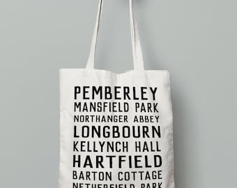 Jane Austen Tote Bag, Book bag, Jane Austen Places, Pride and Prejudice, Mr. Darcy, Jane Austen Gift, Pemberley, Sense and Sensibility