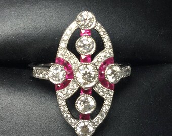 Art Deco vintage Style 18K white gold Diamond and Ruby Ring