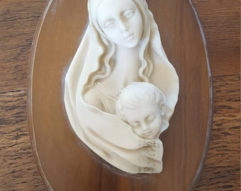 Wooden plaque of Mary and Jesus...Vintage...Made in Italy