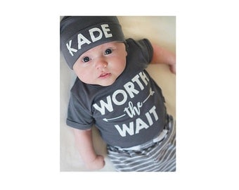 Custom Worth The Wait Baby Clothes. Cute Baby Boy Set. Baby Coming Home Outfit. Personalized Baby Clothes. Baby Shower Gift. Add Your Name