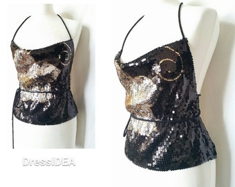Sequin Halter Top, Womens Festival Disco Clothing, Open Back Tank, Evening Wear Glitter Glam Prom Top