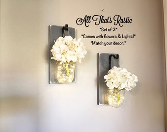 Lighted Sconce, Mason Jar Sconce, Rustic Home Decor, Rustic Lighting, Fairy Lights, Mason Jar Decor, Lighting, Home Decor, Mason Jar Decor