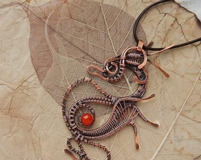 Dragon pendant with red cornelian, Sea horse silhouette, fantasy style, Copper wire winding, Natural stone necklace, Semi precious jewelry