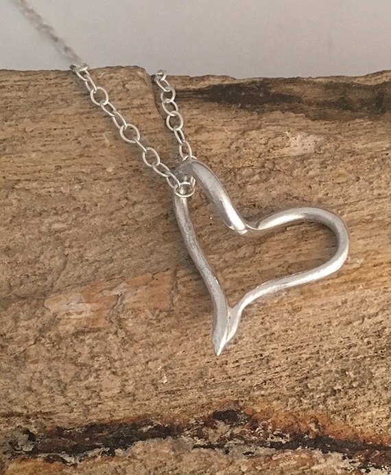 Handmade Silver Necklace with Heart Pendant Metal Clay Hand