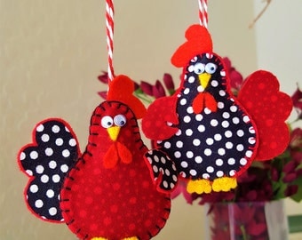 TWO Chicken ornaments-Year of the Rooster decor-Spotted Chicken decor-Polka Dot felt and fabric Chicken tree-Country Farm Christmas decor