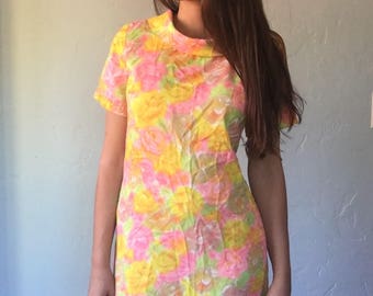 1960s Psychedelic Neon Flower Shift Dress
