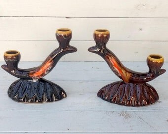Vallauris Pottery Lava Glaze Ceramic Candleholders, Mid-Century 1950s French Retro