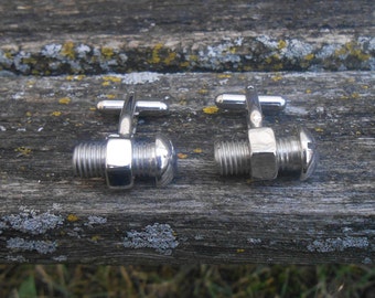 Vintage Nut & Bolt Cufflinks. Silver Toned. 1990s. Gift For Dad, Brother, Husband, Friend, Graduate, Mechanic, Idustry Worker.