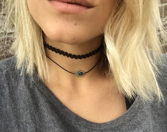 Set of 2 Chokers, Tattoo choker/Hamsa Hand, Layered necklace