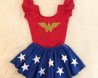 SKIRT only - WONDER WOMAN inspired Royal Blue Ruffle Skirt w/ White glitter Stars (leotard sold separately) - Marvel / Hero costume