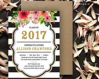 Black and White Stripe Gold Graduation Invitation | 5x7 | Editable PDF | Instant Download | DIY at home with Adobe Reader