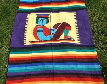 Vintage Mexican Blanket, Serape Blanket, Aztec Blanket, Wool Throw, Tribal Inca, Rainbow Blanket Colorful, Beach Blanket, Picnic Blanket