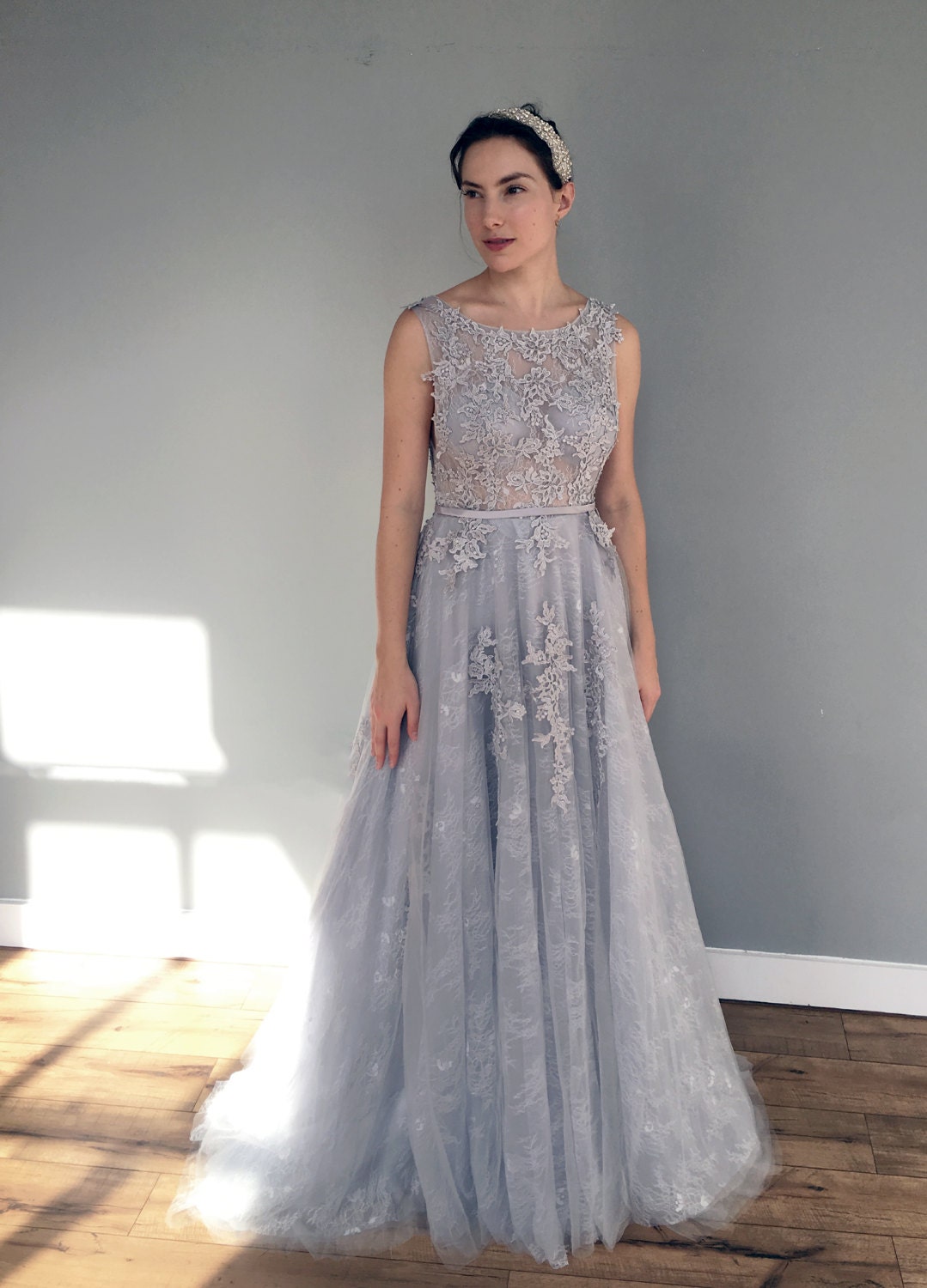 Gray Blue Lace Wedding Dress