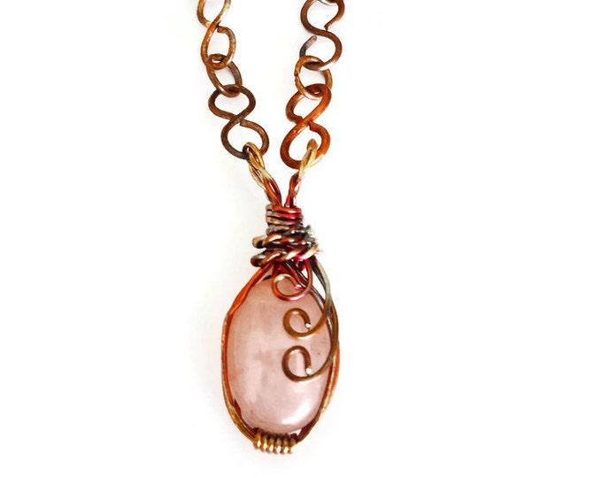 Copper Wrapped Rose Quartz Pendant, Flame Painted Copper Necklace, Love Stone Jewelry, Heart Chakra Necklace, Free US 1st Class Shipping