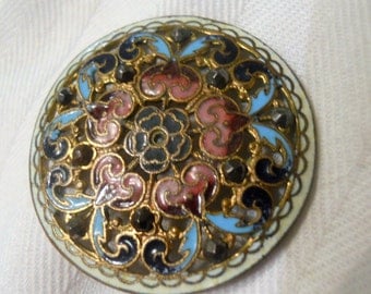 Antique French Champleve Enamel with Steel Rivet Button ~ 1 1/4 inch