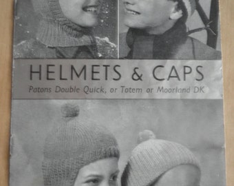 Helmets and Caps 1950's knitting booklet, original not pdf, P & B wools 385, childrens knitted hat patterns, balaclava pattern