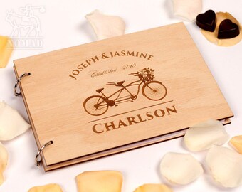 Custom Wedding Guest Book, Wood Rustic wedding guest book, Just Married Book, Tandem Bike, Engraved guestbook, Custom Wedding Album, Wedding