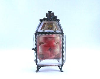 Vintage Late 1800s Beveled Glass Pocket Watch Case...French Art Nouveau...Pocket Watch Holder...Metal Footed Ornate Detail...Velvet Cushion