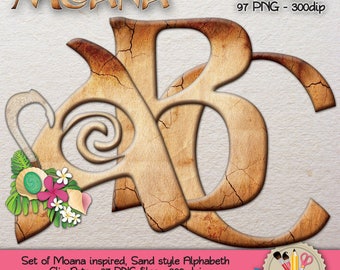 DIGITAL ALPHABET - Clip Art - Moana / Vaiana / Oceania inspired, Sand style - 98 PNG Files 300dpi - Aprox. 3 15/16" x 3 1/8" each.