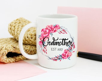 Godmother mug, godparent mug, godmother gift, fairy, godmother, reveal, announcement, floral, personalised mug, ceramic, coffee mug
