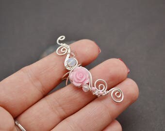 Flower earrings Wedding earrings Bohemian ear cuff Flower jewelry Ear cuff non pierced Pink earrings Beaded earrings Summer earrings