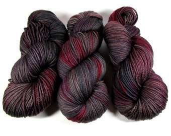 Hand Dyed Yarn Worsted, Variegated, Wine Red, Dark Gray, Soft Black, Mauve, Purple, Sanguine Rose, DYED TO ORDER