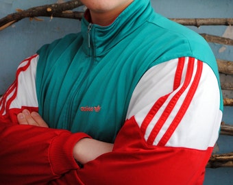 Vintage ADIDAS windbreaker men's sport jacket 1990s 1980s women's blazer red white green unisex wind jacket