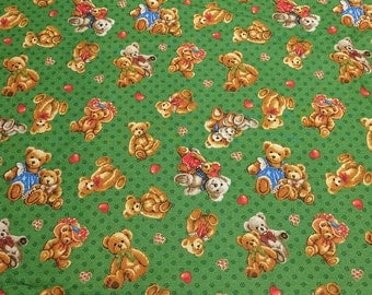 Teddy Bears on Green Cotton Fabric