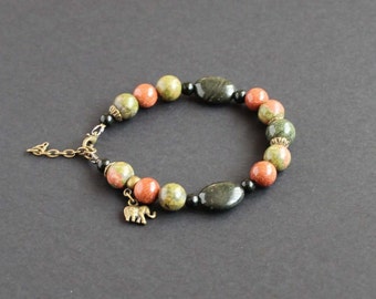 Green unakite bracelet Bronze elephant charm bracelet for woman Serpentine bracelet Goldstone jewelry Green orange bracelet Earthy bracelet