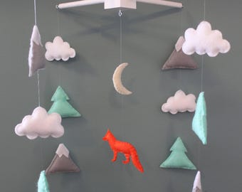 Orange fox mobile, mountain mobile, tree mobile, cloud mobile - baby felt mobile