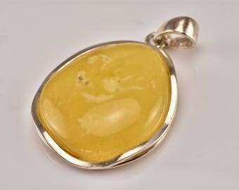 Amber Silver Pendant, Yellow Amber Pendant, Large Pendant, Gemstone Pendant, Amber Stone Pendant, Designer Pendant,