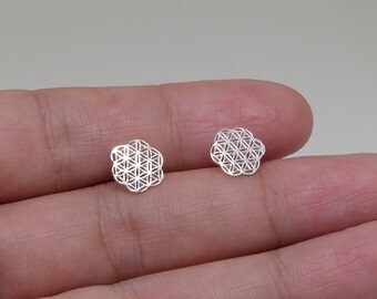 Flower of Life Sterling Silver Stud Earrings, Basic Minimal Earrings, Tiny Jewelry , Geometric , Sterling Silver Earrings