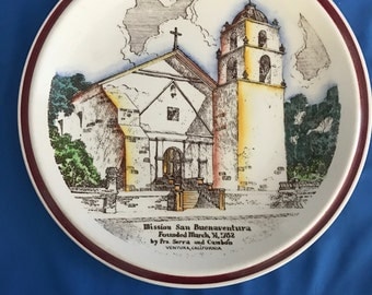 Vernon Kilns: Mission San Buenaventura, Ventura, California Commemorative Plate. 8.5" Multi Color