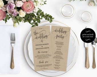 Wedding Program Printable Template - Printable Wedding Program - Wedding printable - Editable Program 4X9.25 - Downloadable wedding #WDH0126
