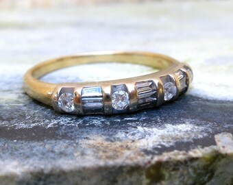 14k Gold and Diamond Art Deco Ring, Antique Stacking Ring, Vintage Diamond Wedding Band