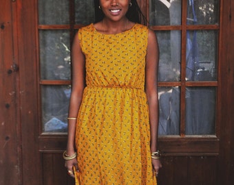 yellow/long silk dress small print