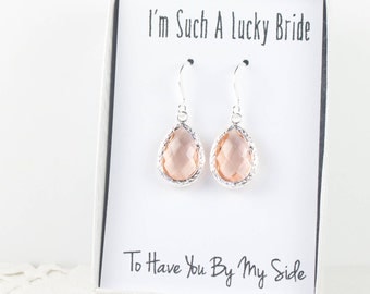 Blush Silver Teardrop Earrings, Light Peach Silver Earrings, Bridesmaid Gift, Wedding Jewelry, Bridesmaid Earrings, Bridal Accessories