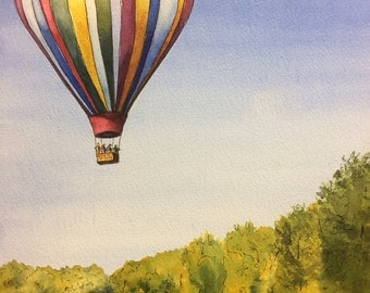 hot air balloon - balloon - summer - river - original watercolour and ink - watercolour - original art - decor - balloon - balloon ride