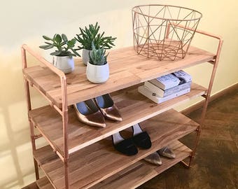 Shoe rack copper pipe shelf oak bookcase Dresser shoe rack oak copper pipe industrial