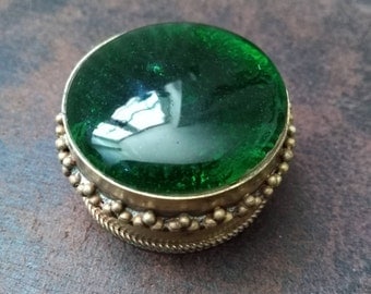 Little round box vintage colored glass and brass. Glass pill box. Trinket Box