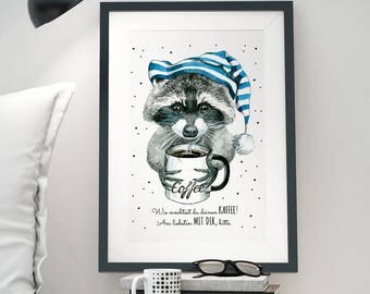 A3 Print Illustration Poster Racoon Coffee P14