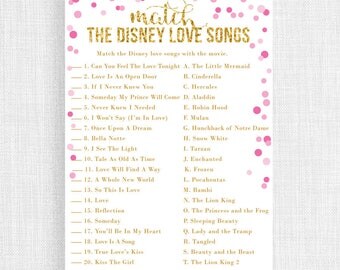 Bridal Shower Game Printable - Match the Disney Love Songs - Pink and Gold Printable Bridal Shower Game - Gold Glitter Bridal Shower Game