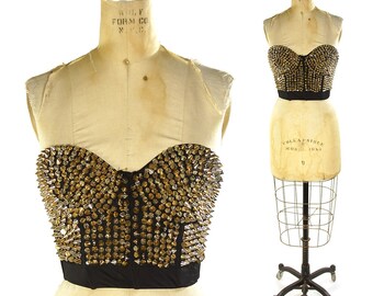 90s Studded Bralette / Vintage 1990s Black Strapless Nailhead Corset / Material Girl Raver Club Kid Goth Dominatrix / Women's Medium 36 B
